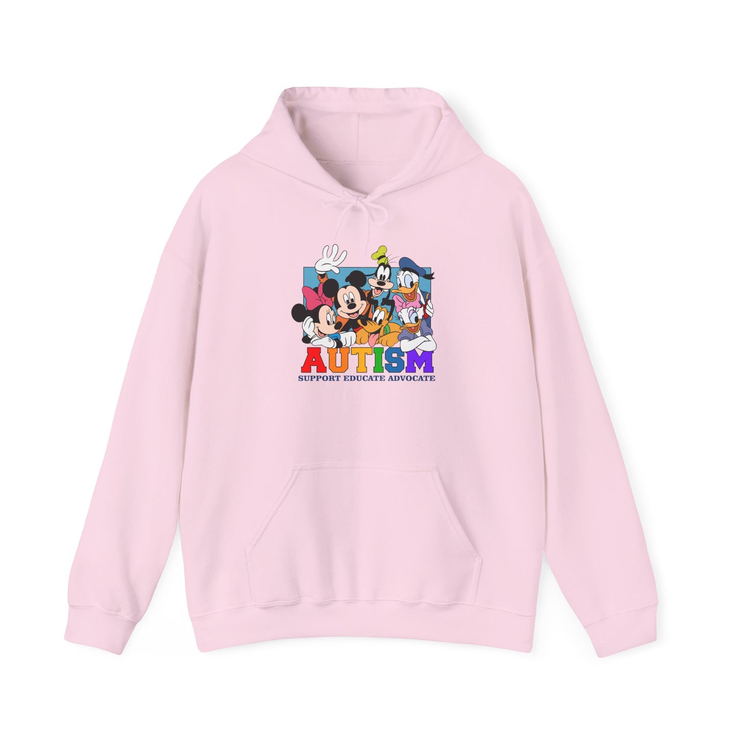 Autism Awareness Hoodie – Colorful Cartoon Characters 'Autism Support, Educate, Advocate'