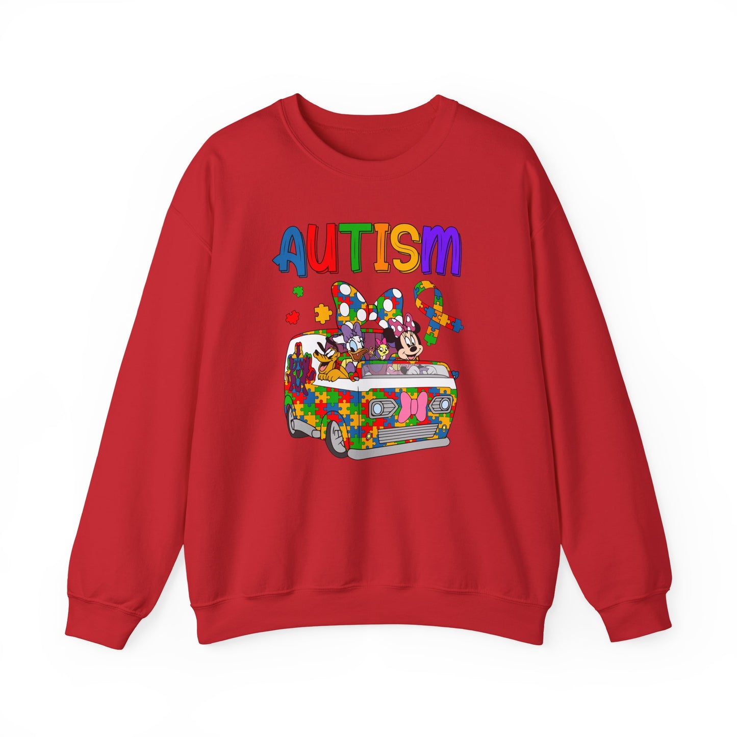 Autism Awareness Crewneck Sweatshirt — Colorful Puzzle Van Design