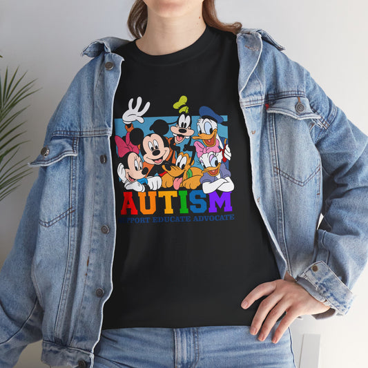 Autism Awareness T-Shirt — "AUTISM: Support Educate Advocate" with Cartoon Characters