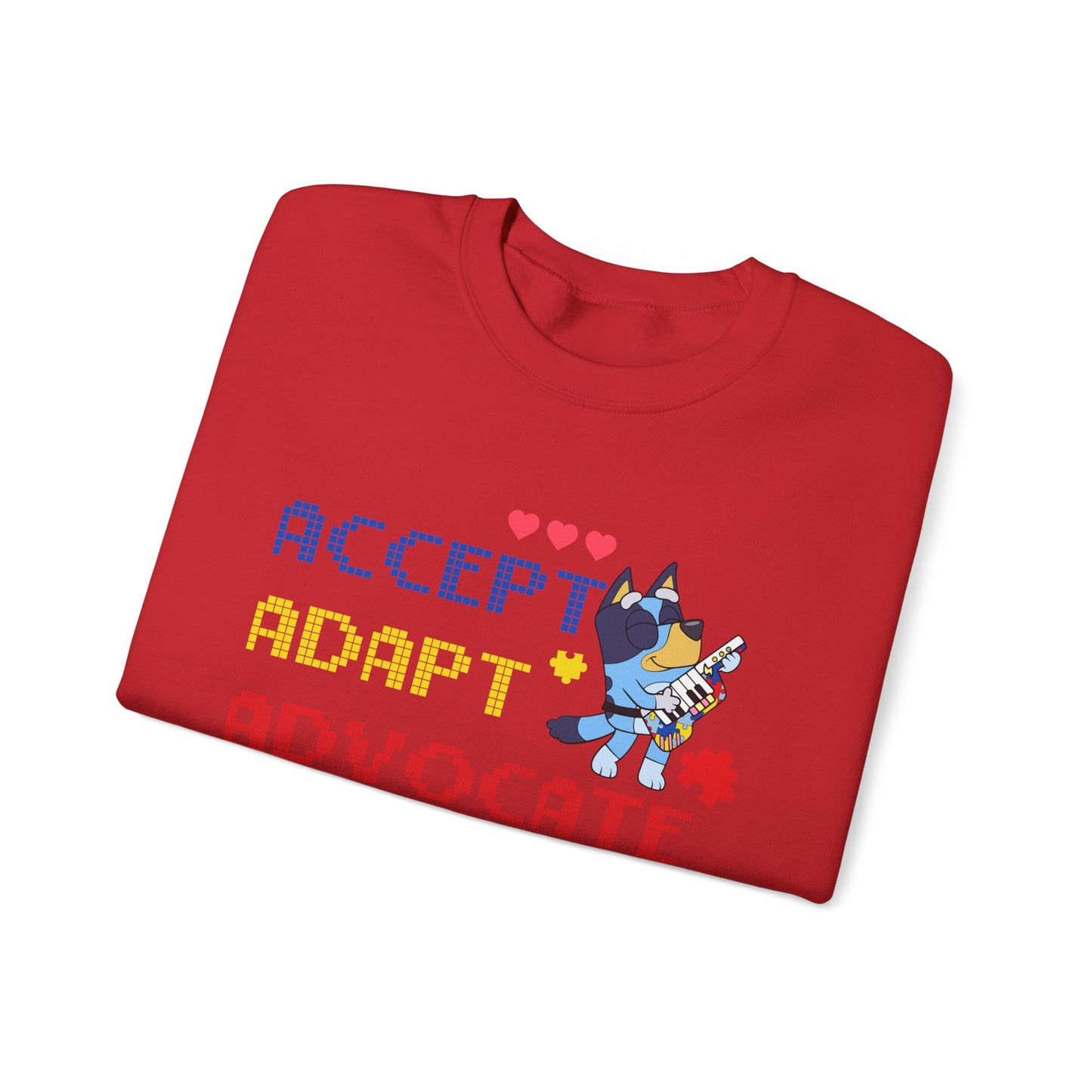 Accept Adapt Advocate Crewneck Sweatshirt — Autism Awareness Sweatshirt with Cute Character