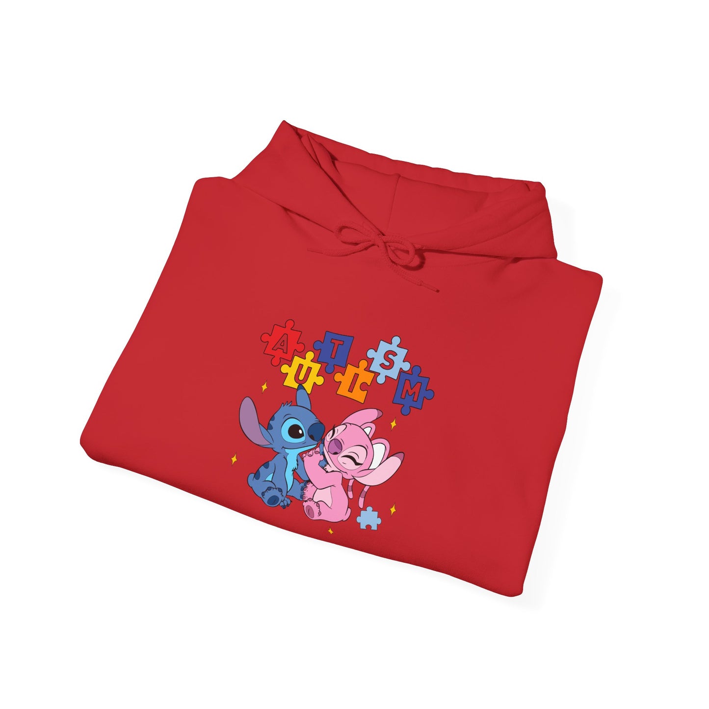 Cute Alien Pals Hoodie — Pink & Blue Cartoon Stitch-Style Characters with Puzzle Heart