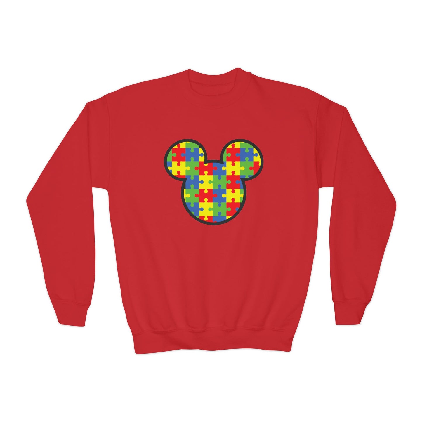 Puzzle Mickey Youth Crewneck Sweatshirt - Colorful Autism Awareness Design