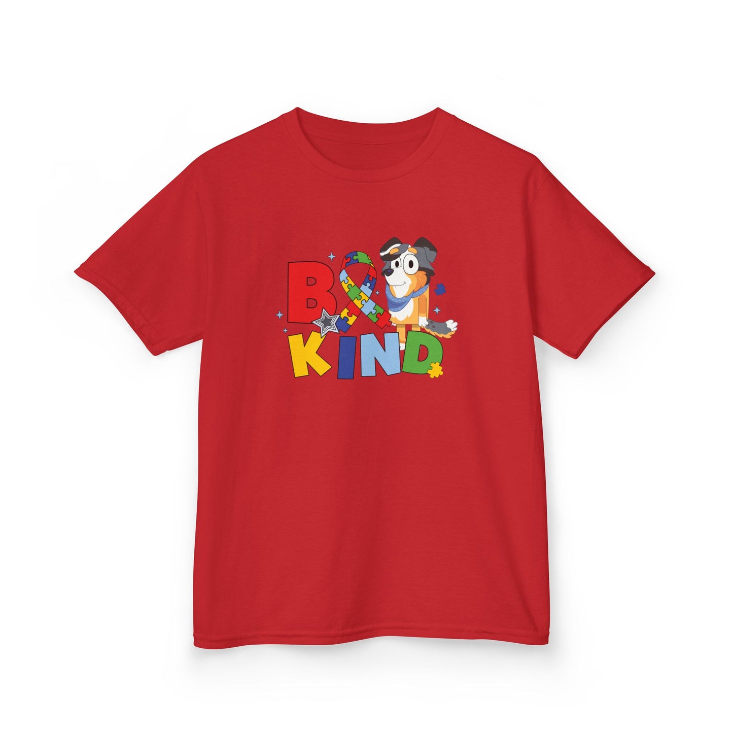 Kids Tee — "Be Kind" Colorful Autism Awareness Ribbon Design