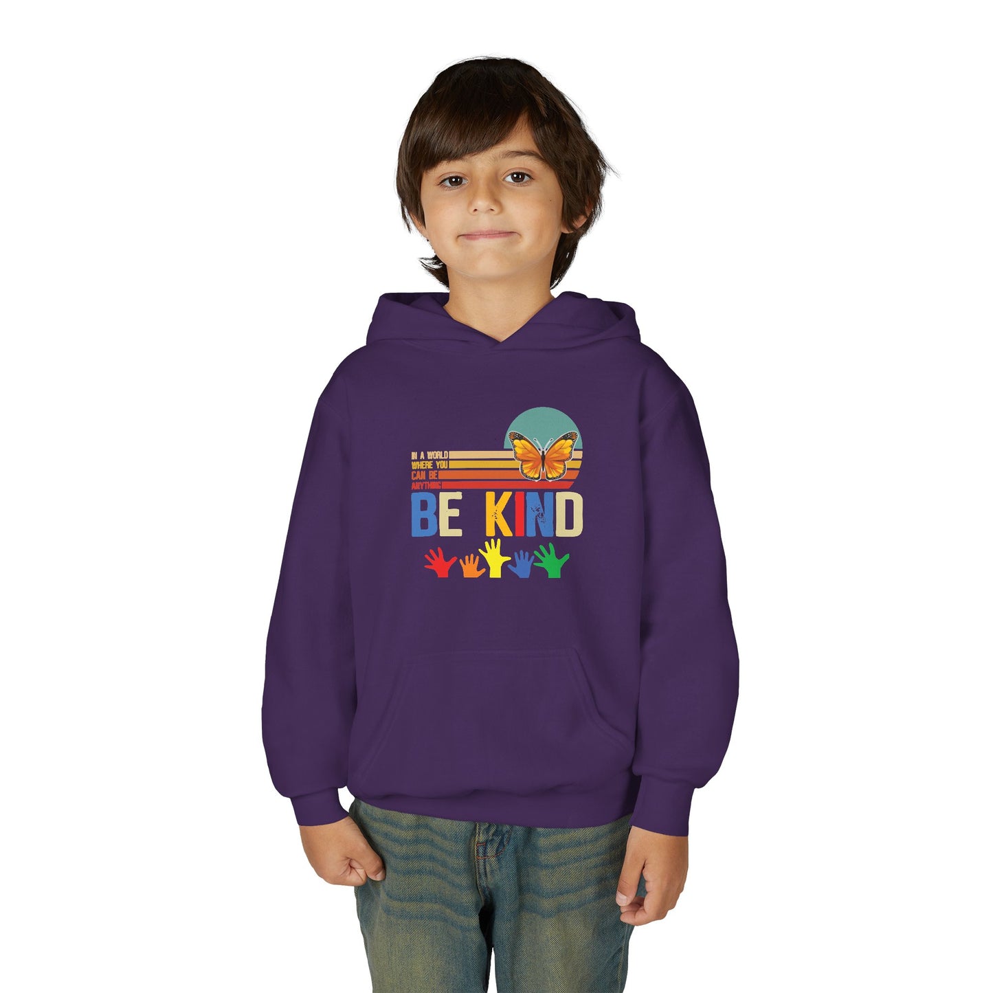 Be Kind Youth Hoodie - Colorful Butterfly & Handprint Design