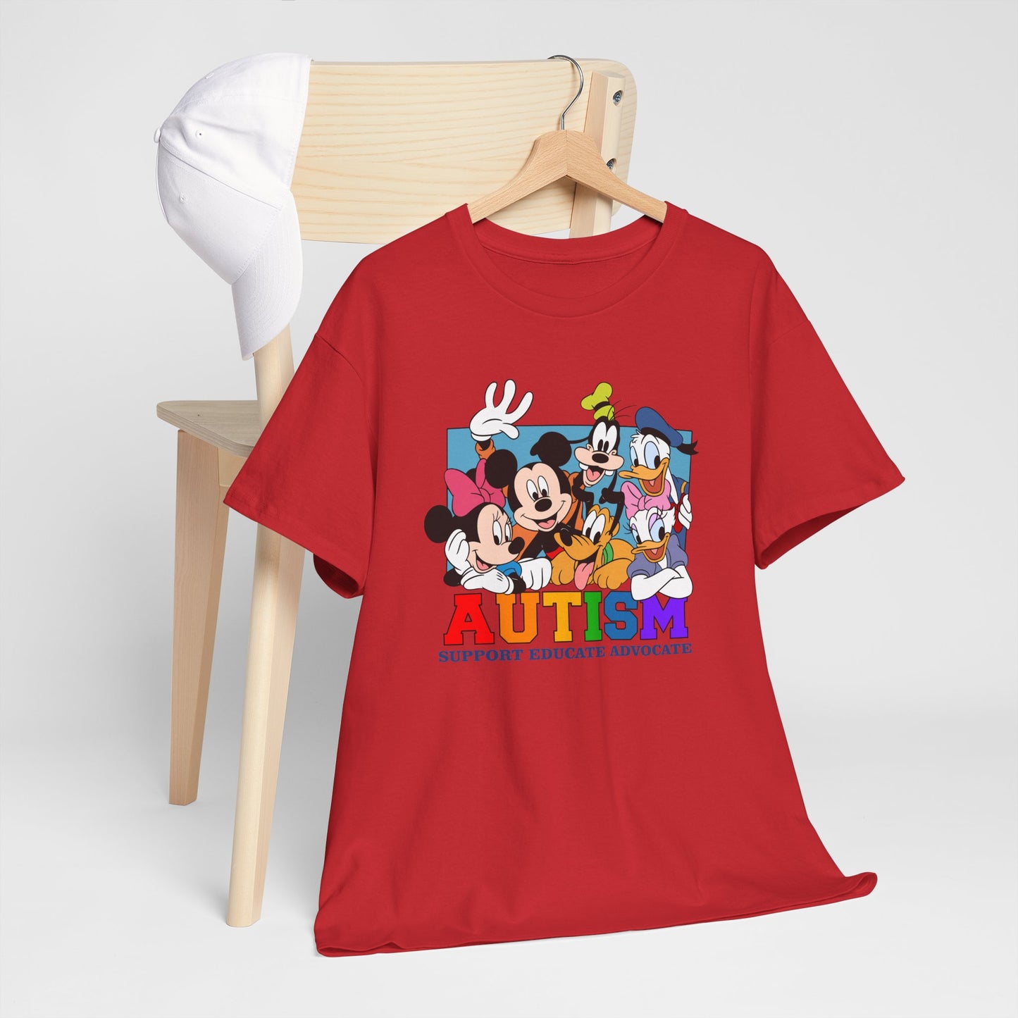 Autism Awareness T-Shirt — "AUTISM: Support Educate Advocate" with Cartoon Characters
