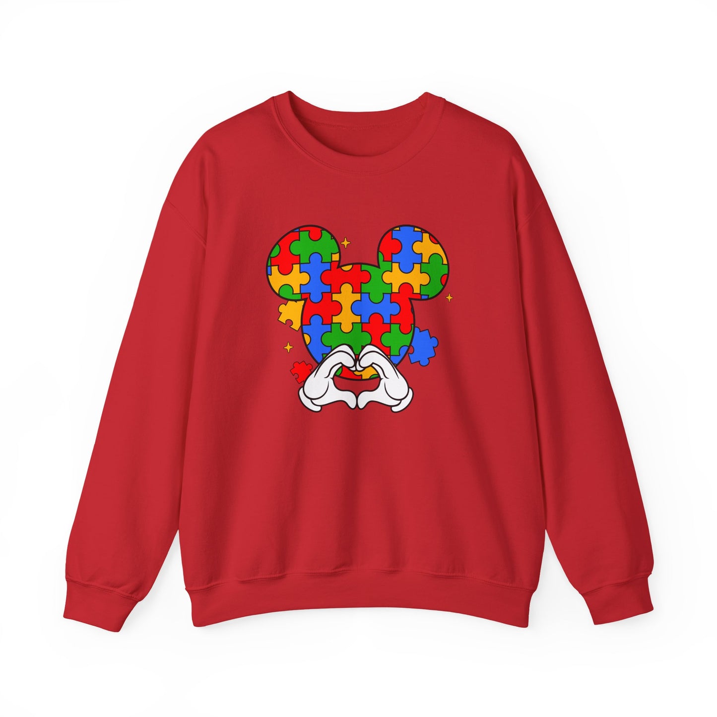 Autism Puzzle Mouse Crewneck Sweatshirt – Colorful Heart Hands Design