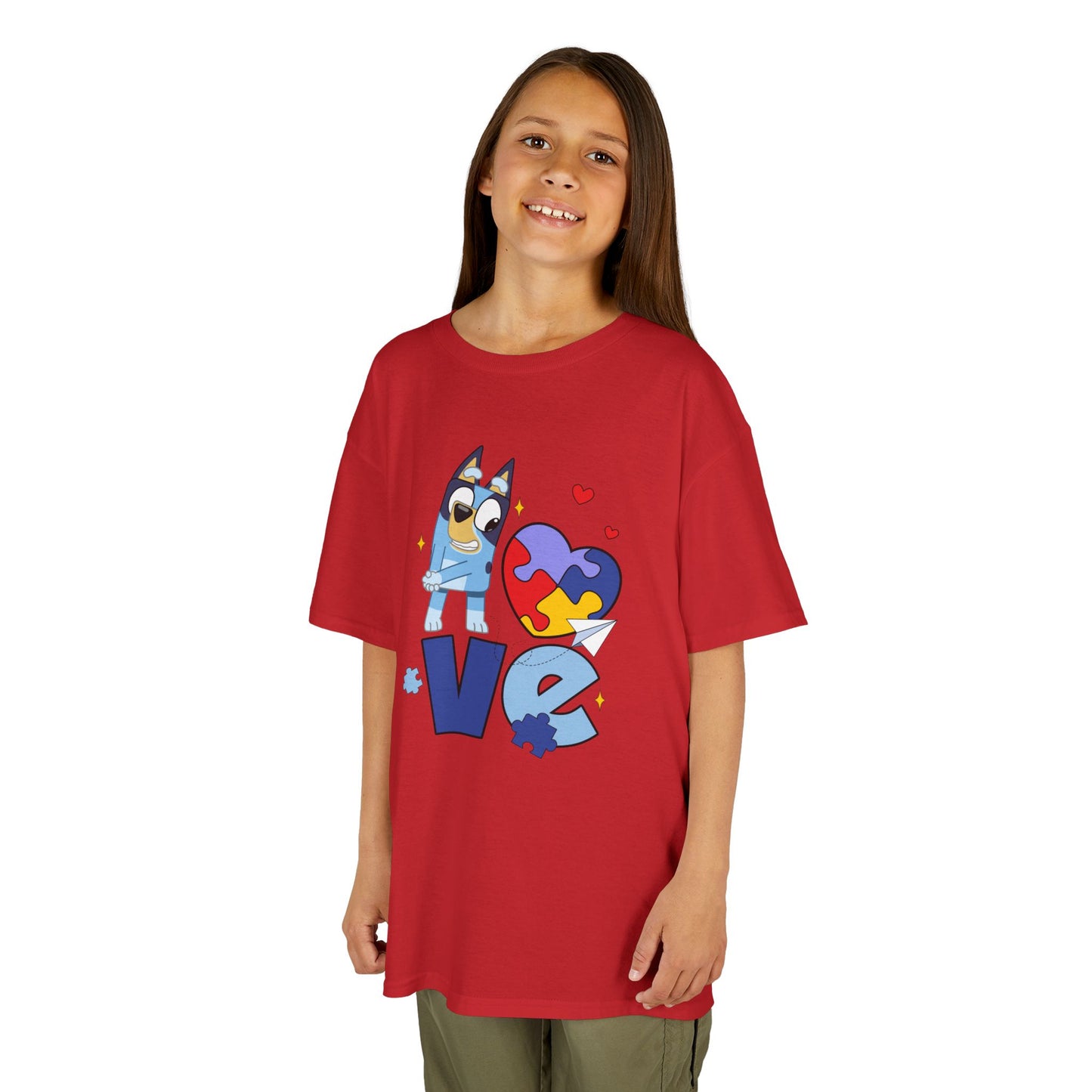 Kids Tee — 'LOVE' Puzzle Heart & Cartoon Character Autism Awareness Shirt