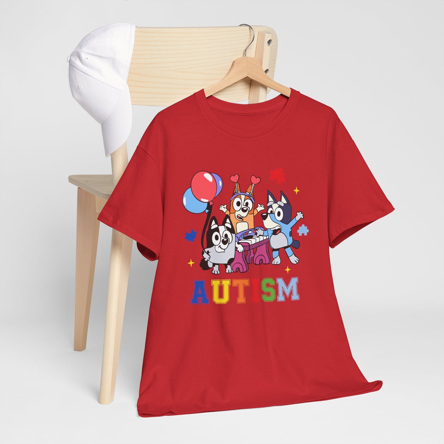 Autism Awareness Kids Tee — Colorful Cartoon Characters with 'AUTISM' Text