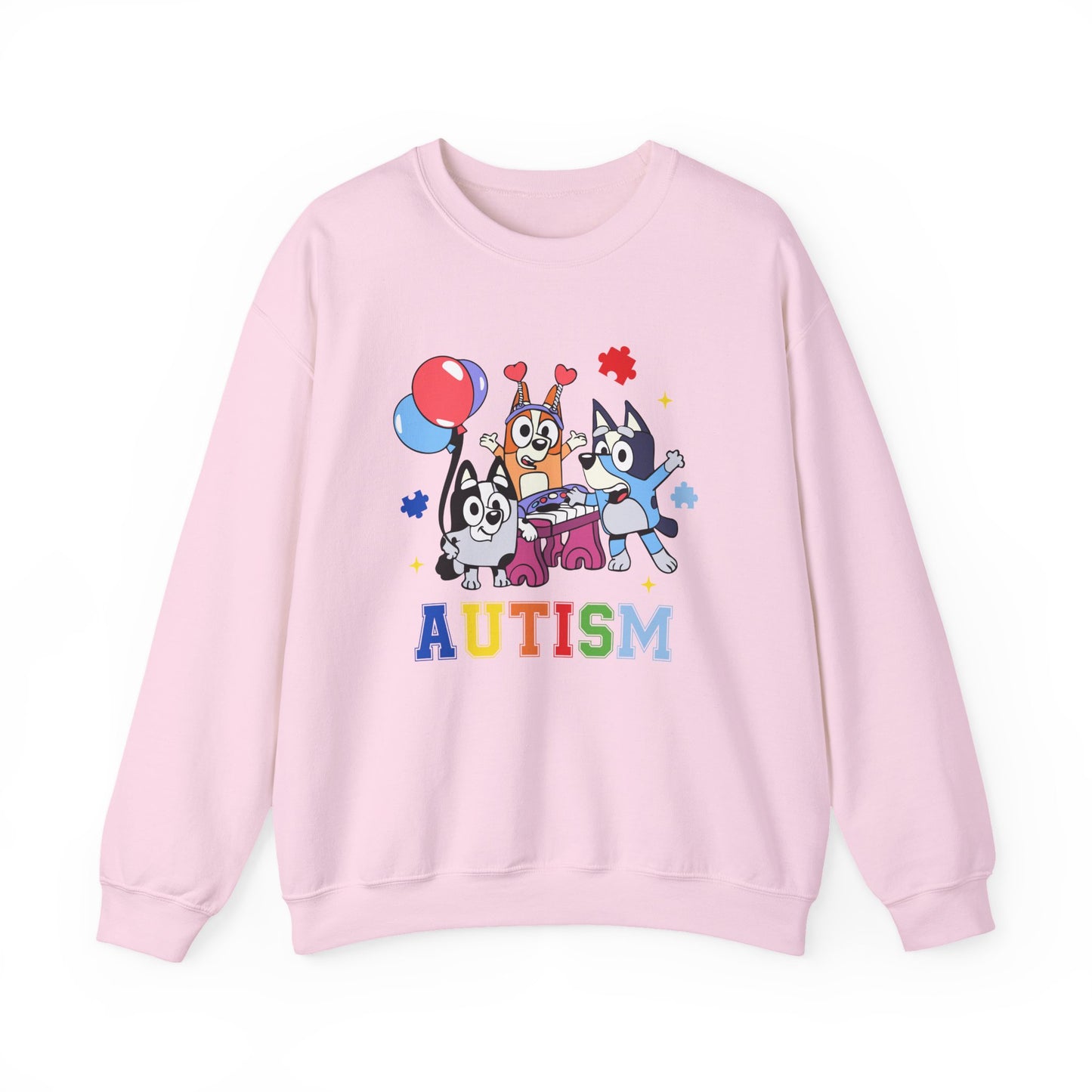 Autism Support Crewneck Sweatshirt — Colorful Bluey-Style Characters & 'AUTISM' Design