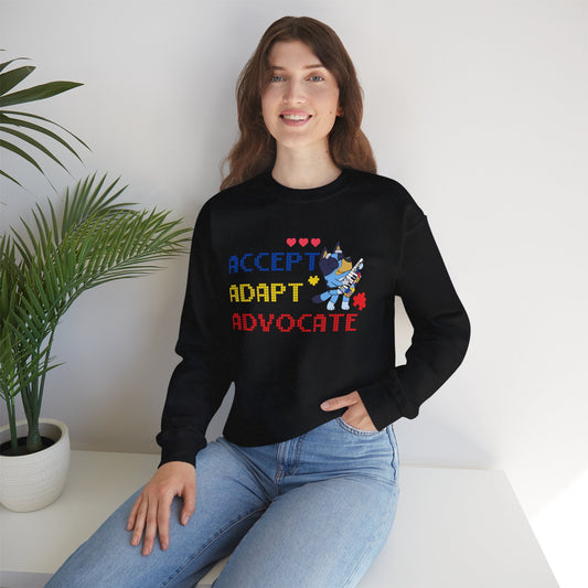 Accept Adapt Advocate Crewneck Sweatshirt — Autism Awareness Sweatshirt with Cute Character