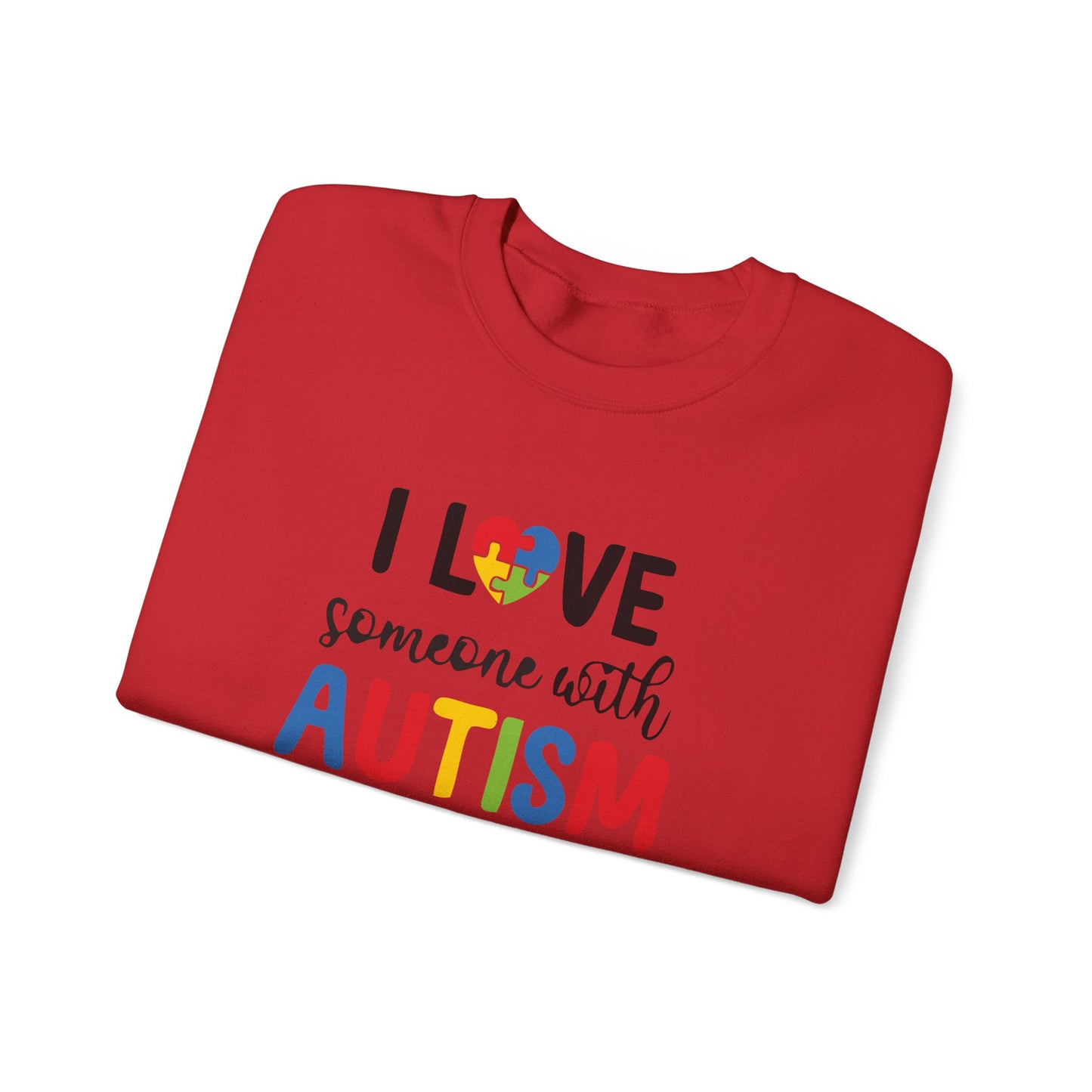 Crewneck Sweatshirt — "I Love Someone With Autism" Colorful Puzzle Heart Support Tee