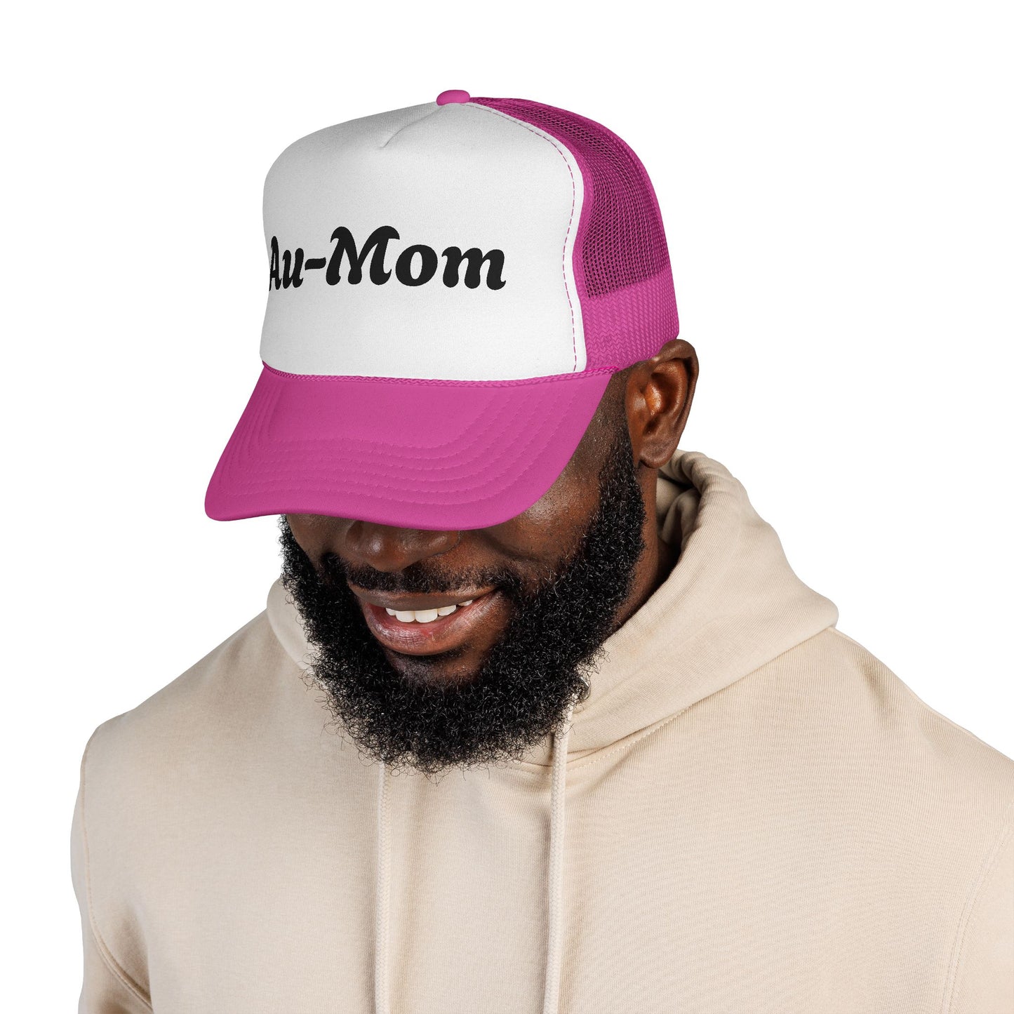 Au-Mom Trucker Cap — Cute Script Mom Hat for Au Pair & Nanny Gifts