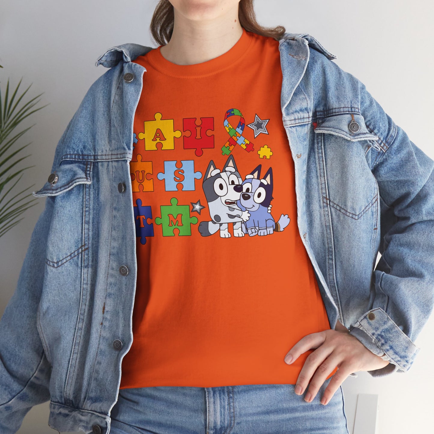 Autism Awareness Puzzle Pieces T-Shirt with Cute Husky & Ribbon