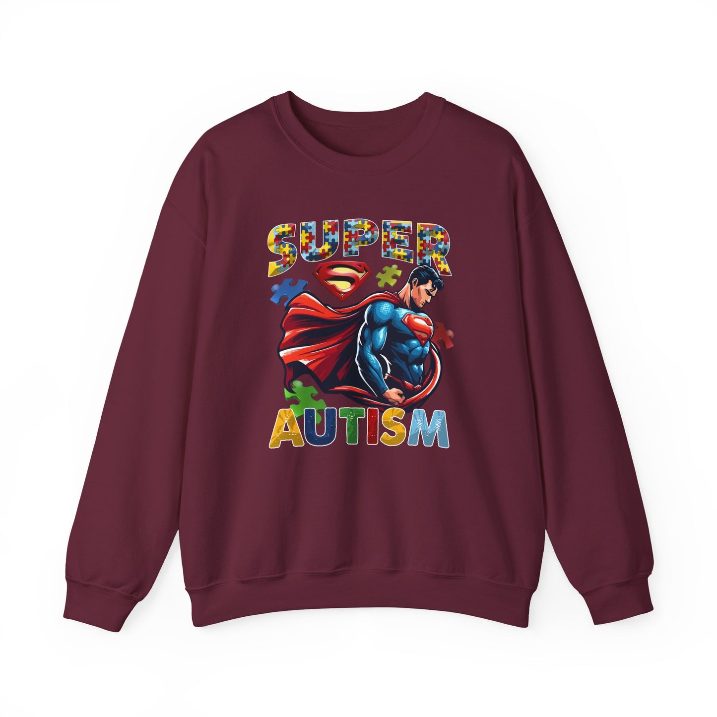 Autism Awareness Crewneck Sweatshirt – "Super Autism" Puzzle-Print Superhero Design