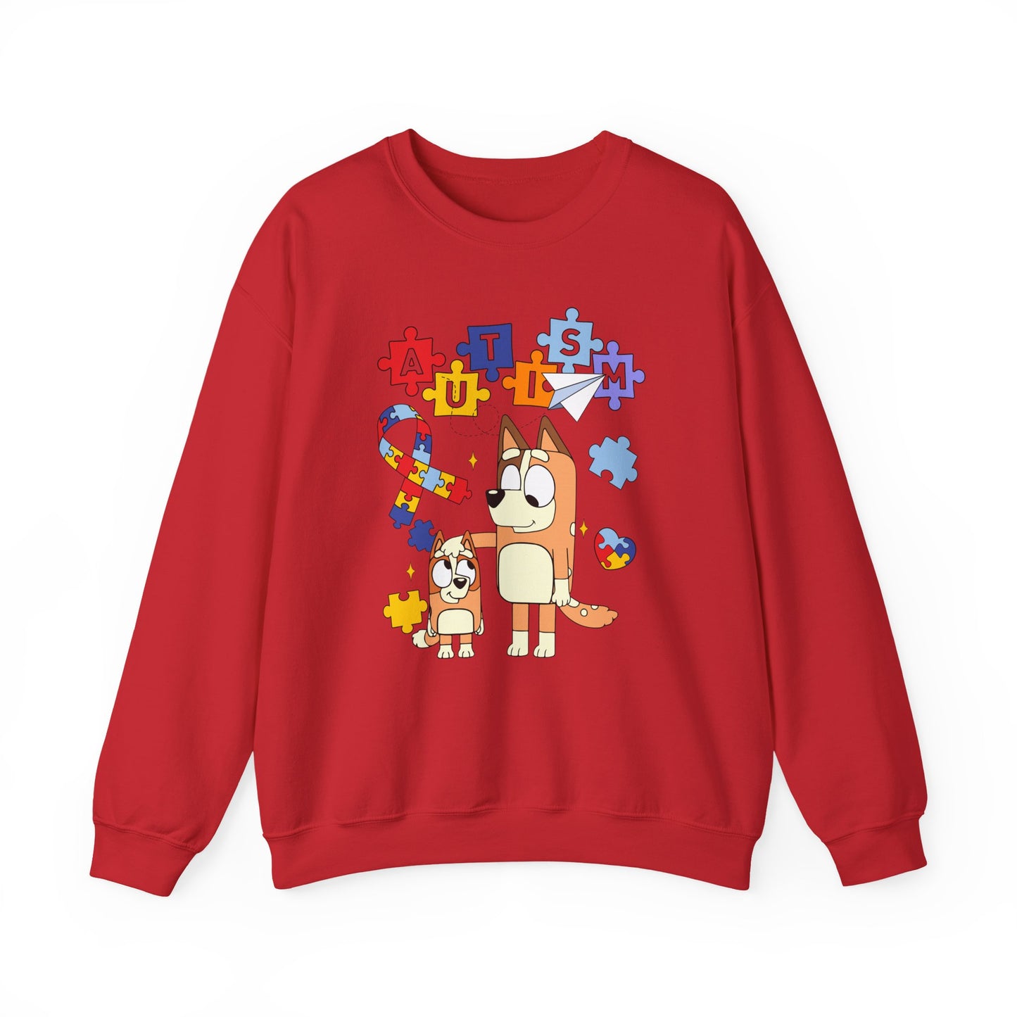 Autism Awareness Crewneck Sweatshirt — Puzzle Ribbon & Cartoon Dogs