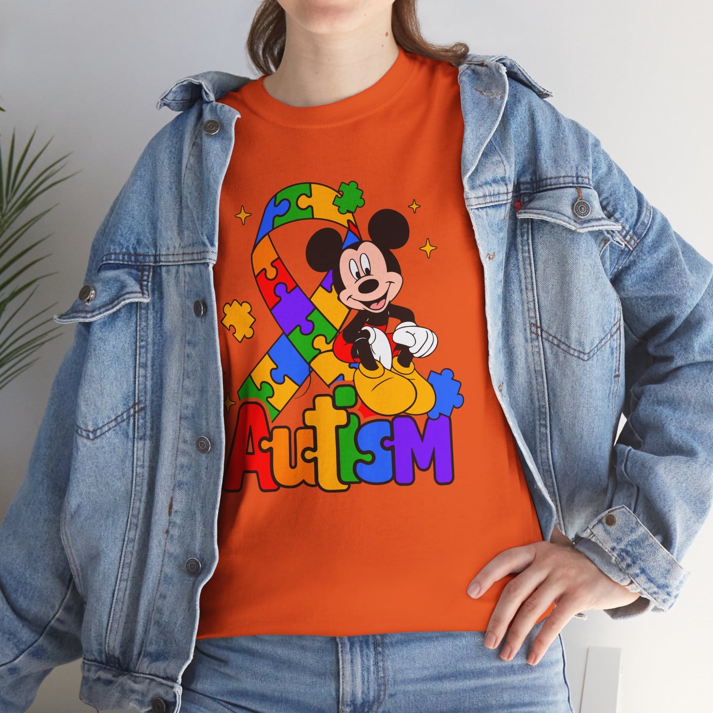 Autism Awareness Tee — Colorful Puzzle Ribbon & Cartoon Mouse Design