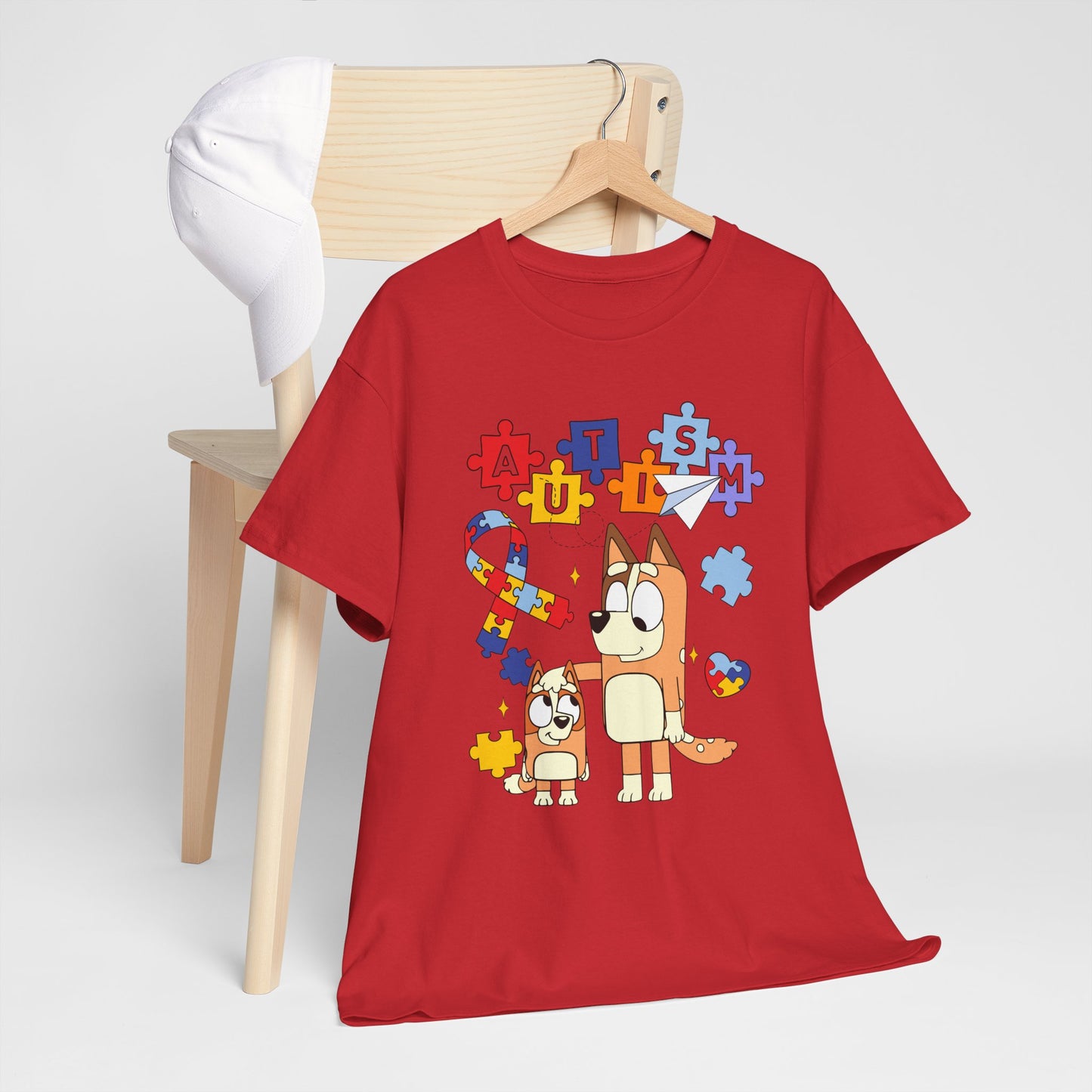 Autism Awareness Puzzle Ribbon Tee — Cute Red Dog Family Design