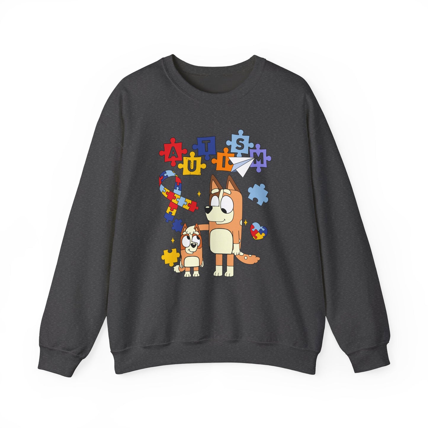 Autism Awareness Crewneck Sweatshirt — Puzzle Ribbon & Cartoon Dogs