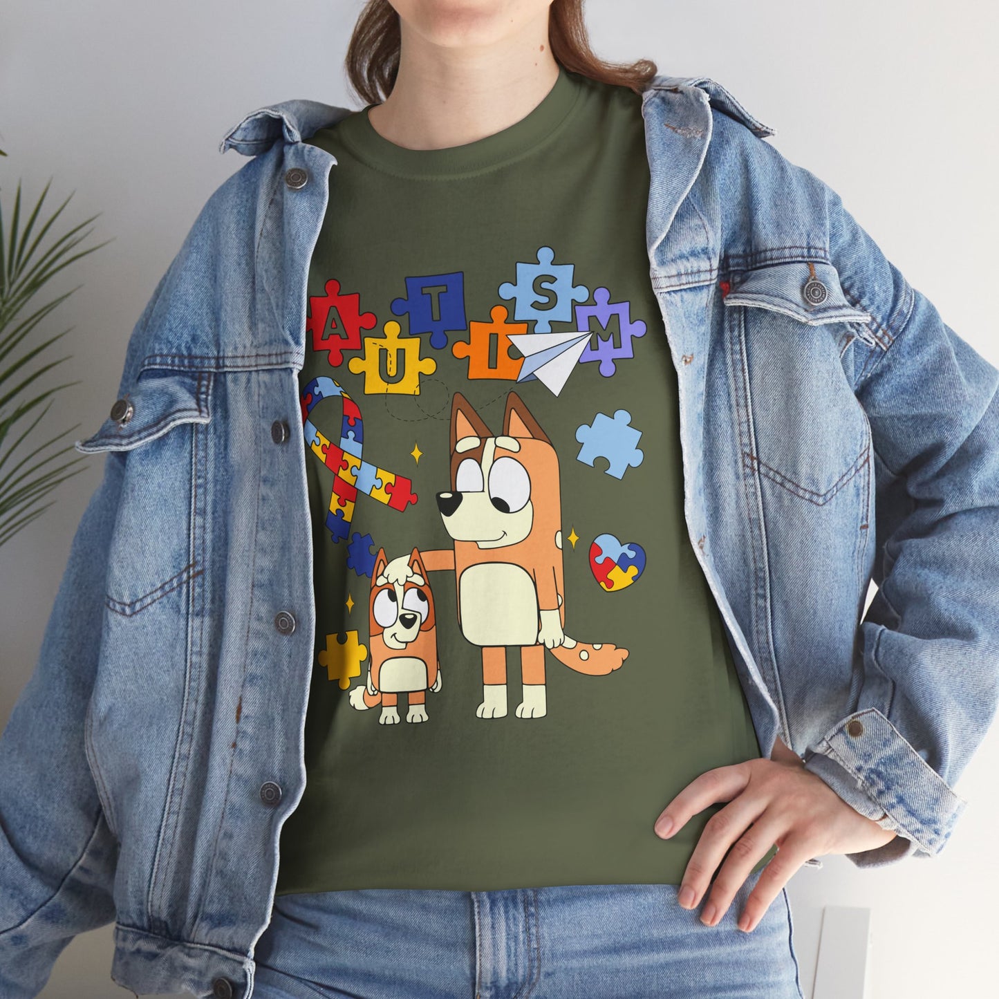 Autism Awareness Puzzle Ribbon Tee — Cute Red Dog Family Design
