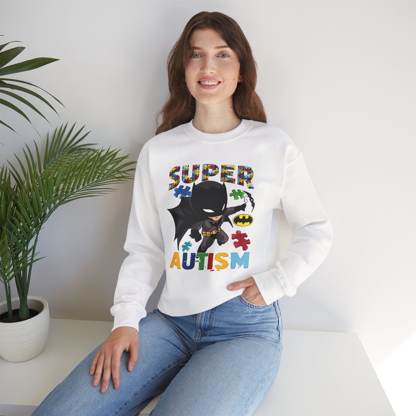 Autism Superhero Crewneck Sweatshirt — "Super Autism" Puzzle-Heart Design