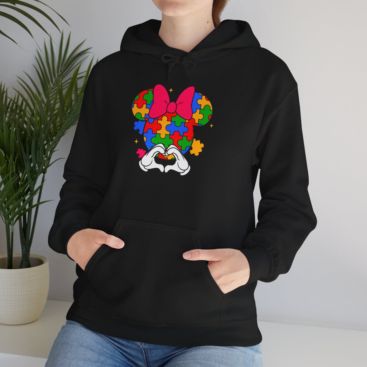 Autism Awareness Puzzle Minnie Hoodie – Colorful Puzzle-Heart Minnie Mouse Design