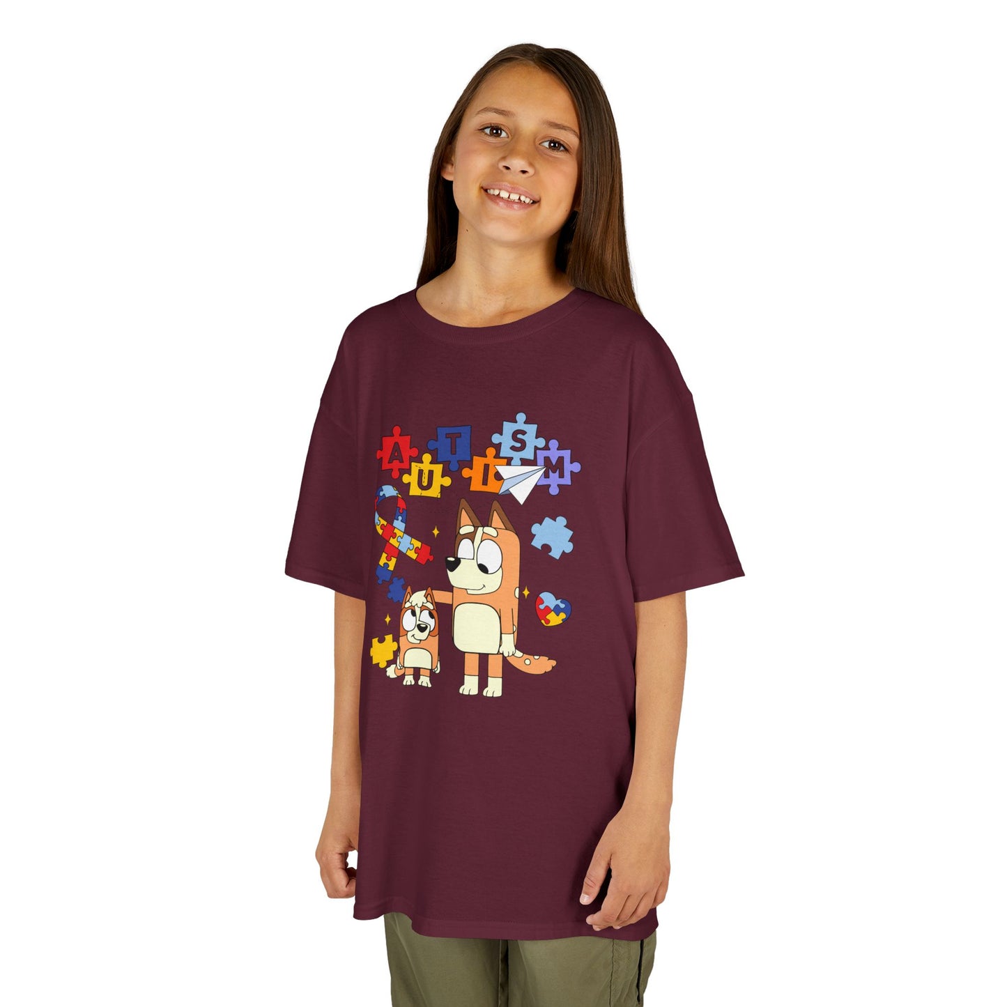 Kids Autism Awareness T-Shirt — Colorful Puzzle Heart & Cartoon Dog Design