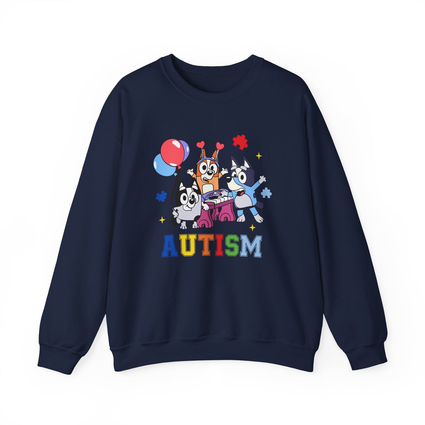 Autism Support Crewneck Sweatshirt — Colorful Bluey-Style Characters & 'AUTISM' Design