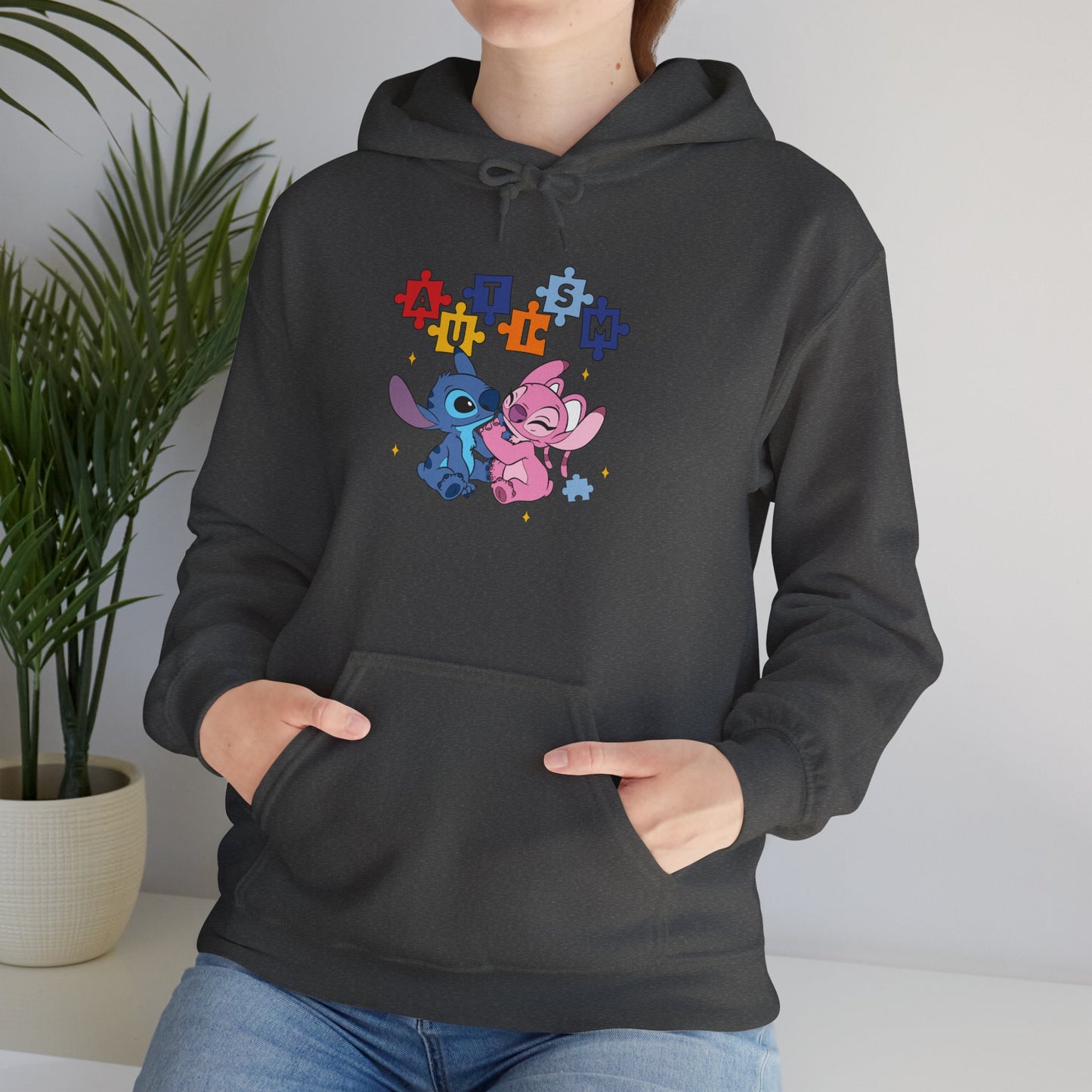Cute Alien Pals Hoodie — Pink & Blue Cartoon Stitch-Style Characters with Puzzle Heart