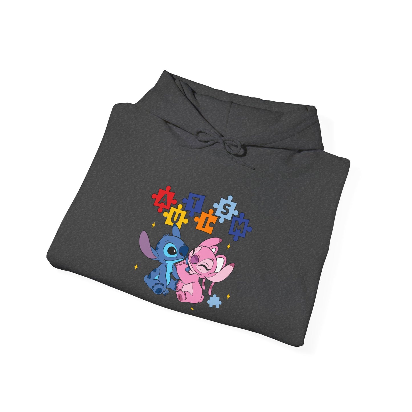 Cute Alien Pals Hoodie — Pink & Blue Cartoon Stitch-Style Characters with Puzzle Heart