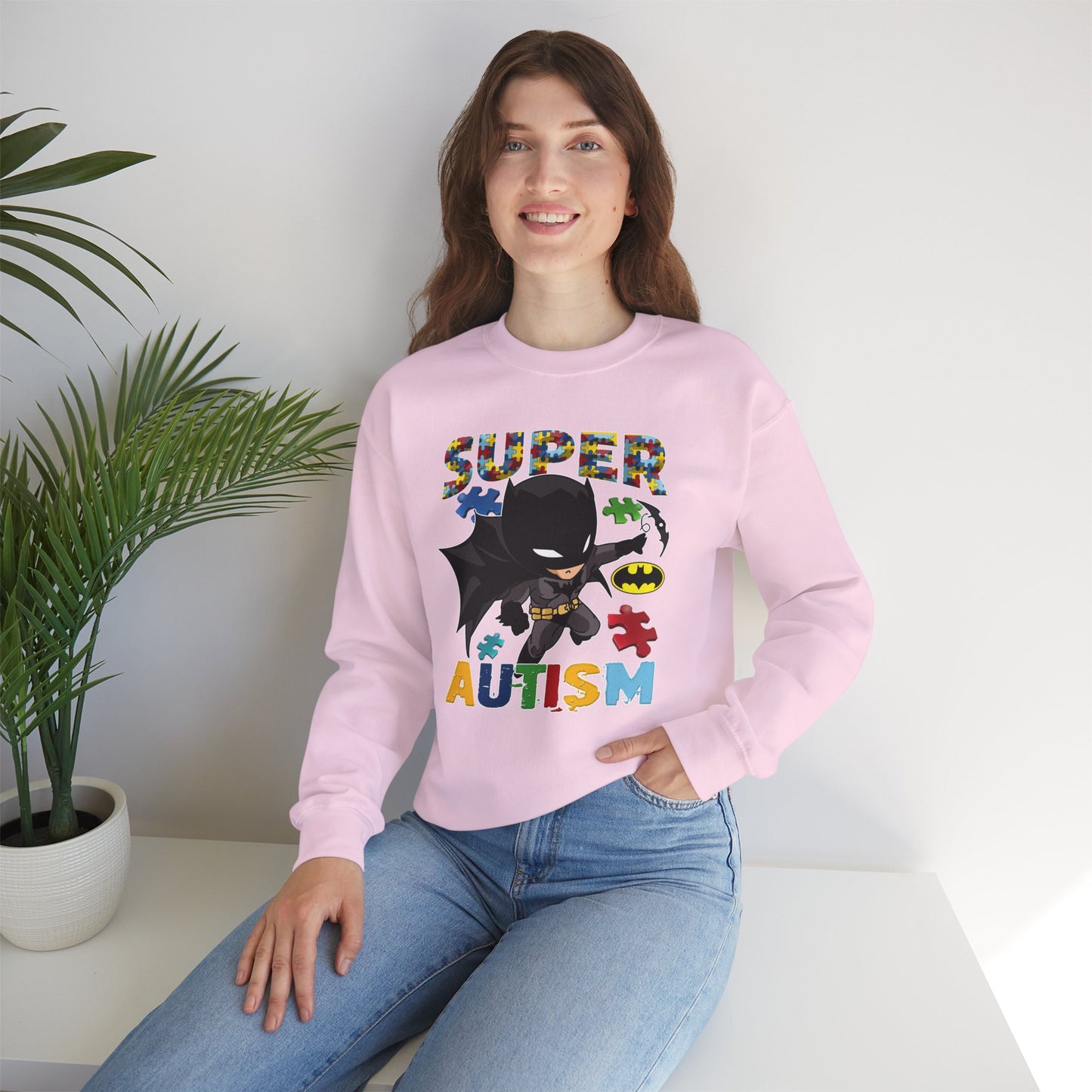 Autism Superhero Crewneck Sweatshirt — "Super Autism" Puzzle-Heart Design