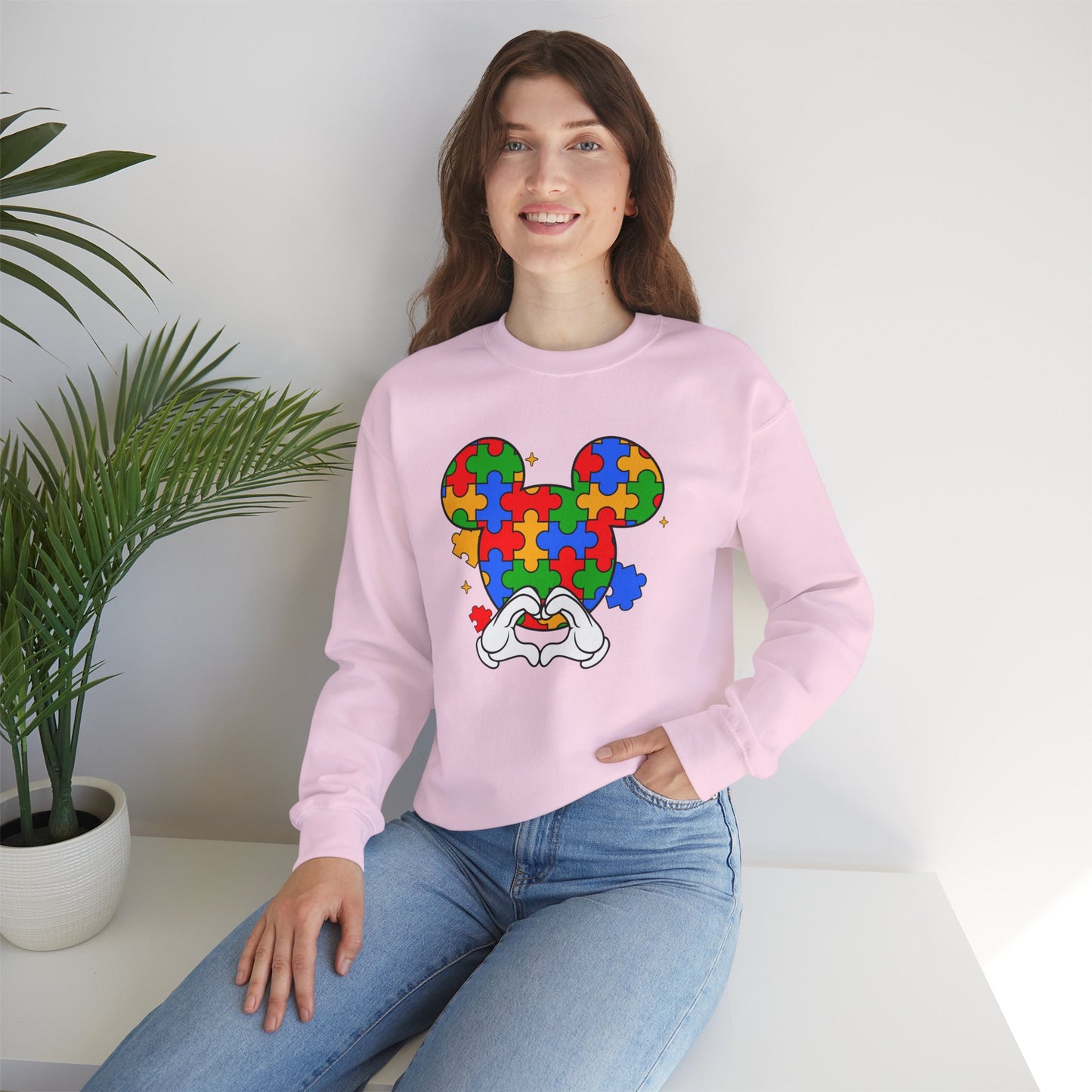 Autism Puzzle Mouse Crewneck Sweatshirt – Colorful Heart Hands Design