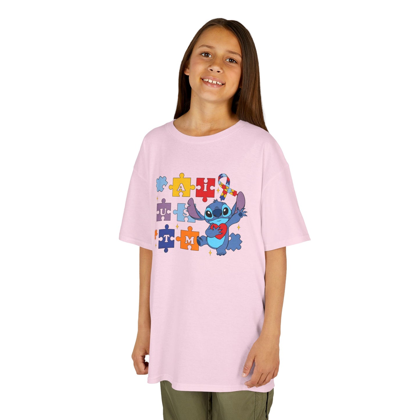 Autism Puzzle Ribbon Kids Tee — Cute Stitch Awareness T-Shirt