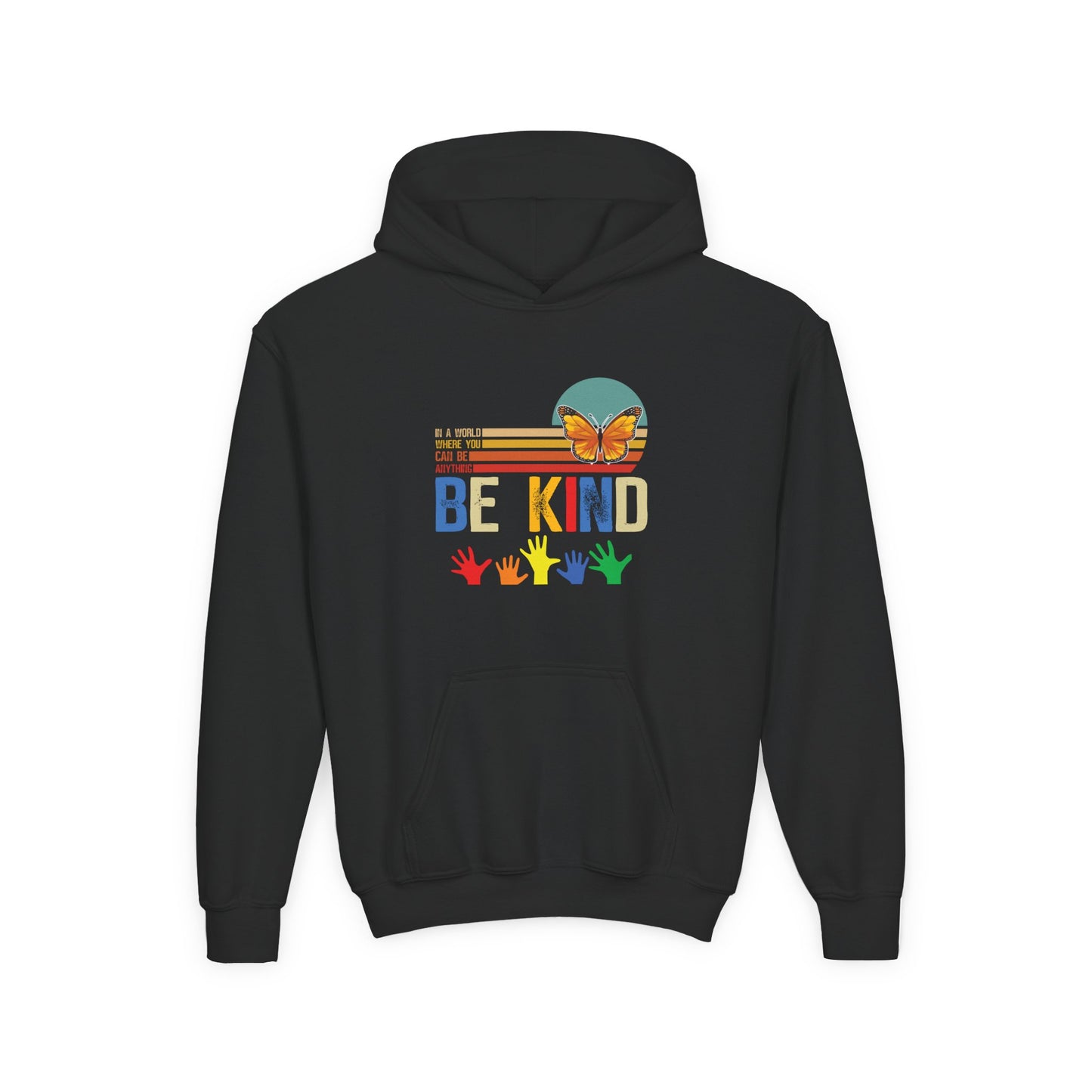 Be Kind Youth Hoodie - Colorful Butterfly & Handprint Design