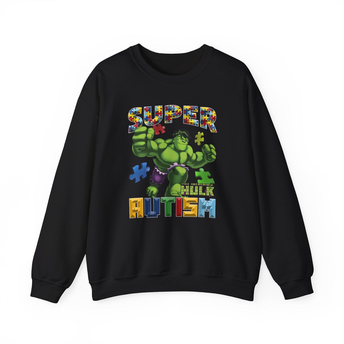 Autism Superhero Sweatshirt — "Super Autism" Puzzle-Print Crewneck