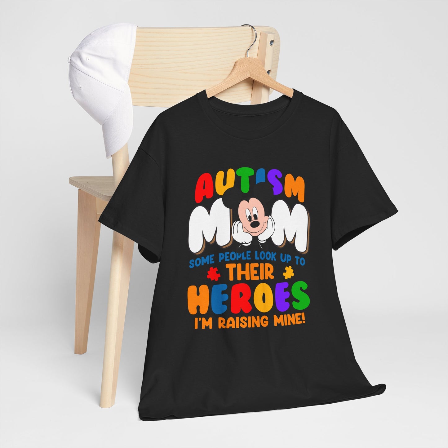 Autism Mom T-Shirt — "Some People Look Up to Their Heroes I'm Raising Mine" Colorful Support Tee