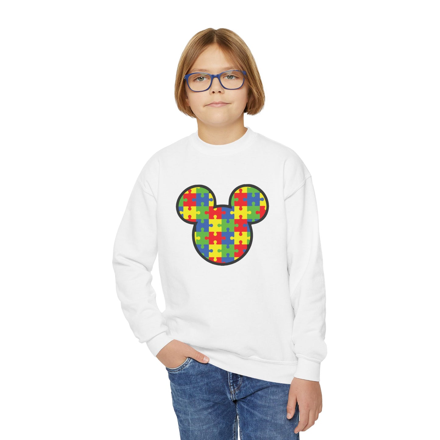 Puzzle Mickey Youth Crewneck Sweatshirt - Colorful Autism Awareness Design