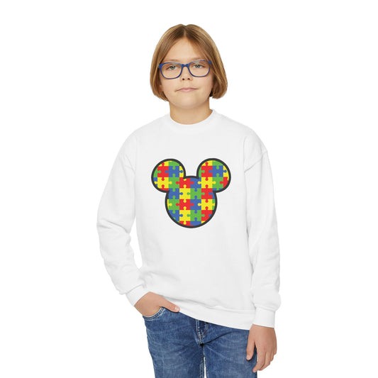 Puzzle Mickey Youth Crewneck Sweatshirt - Colorful Autism Awareness Design