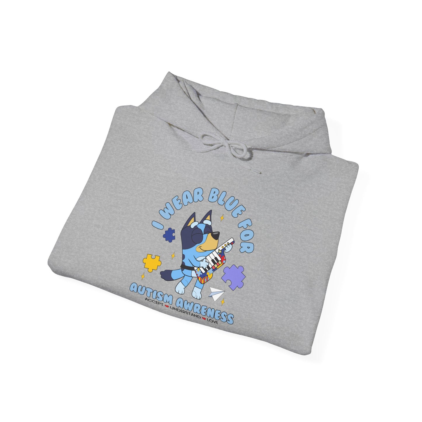 Hoodie — Cute Blue Dog “I Wear Blue for Autism” Graphic Hoodie (Cozy Pet Lover Gift)