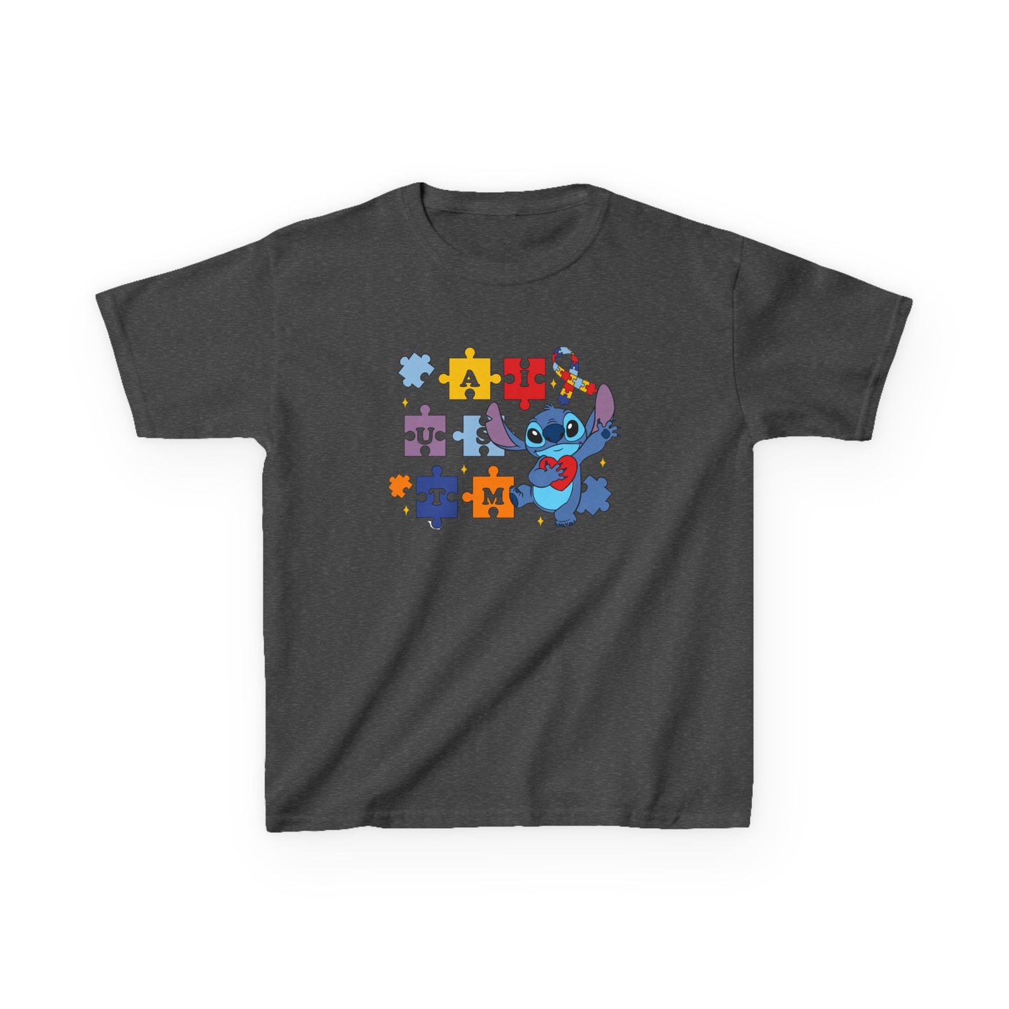 Autism Puzzle Ribbon Kids Tee — Cute Stitch Awareness T-Shirt