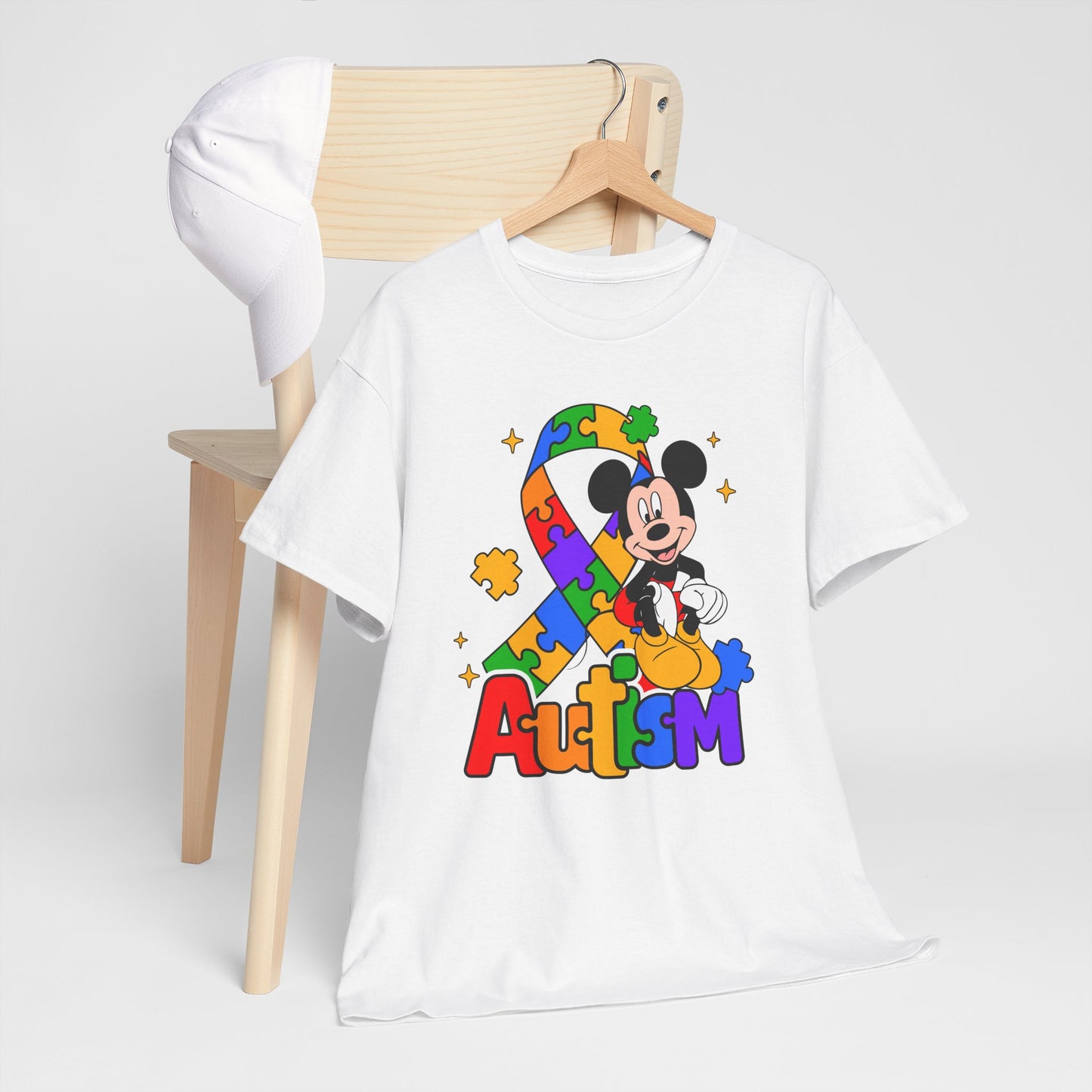 Autism Awareness Tee — Colorful Puzzle Ribbon & Cartoon Mouse Design