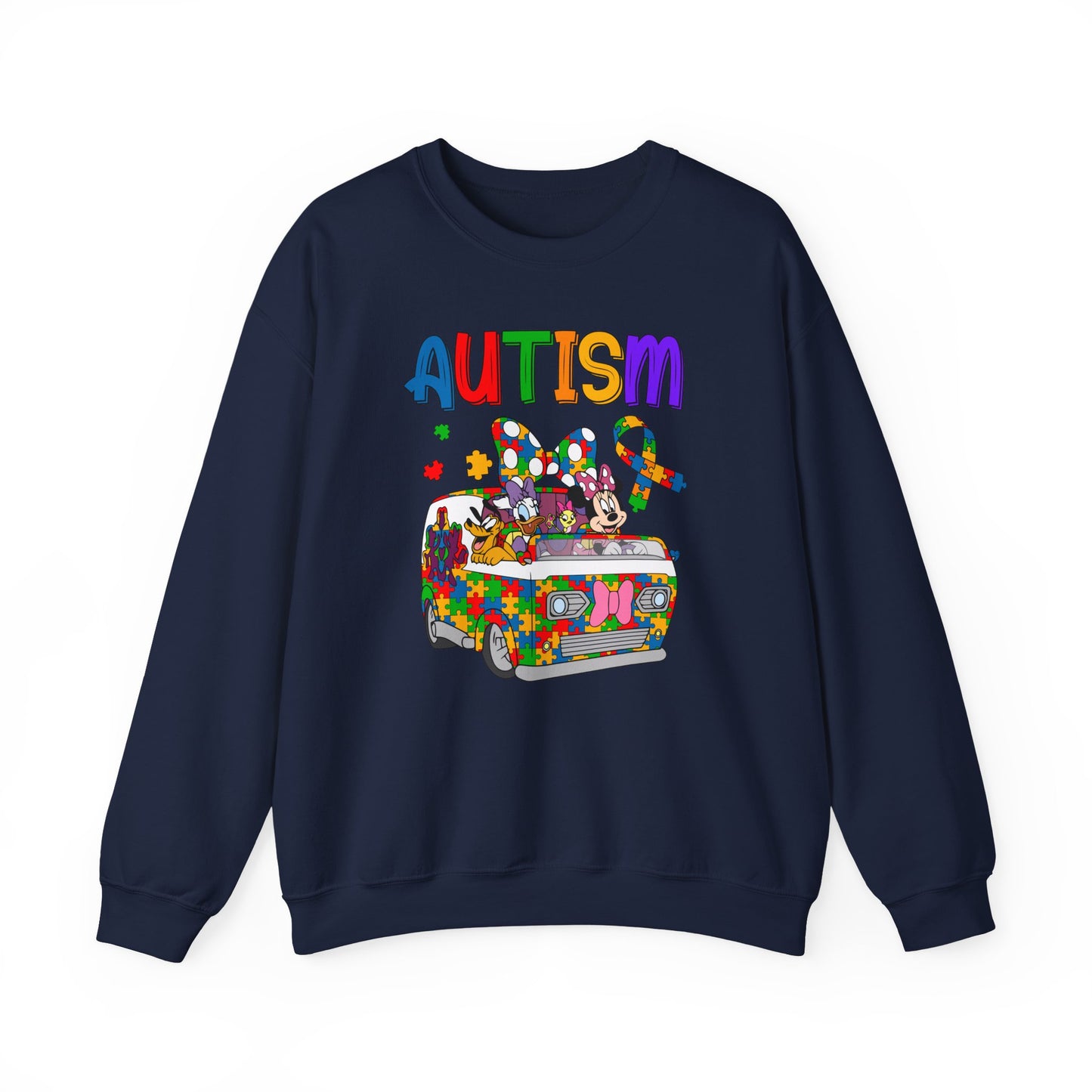 Autism Awareness Crewneck Sweatshirt — Colorful Puzzle Van Design