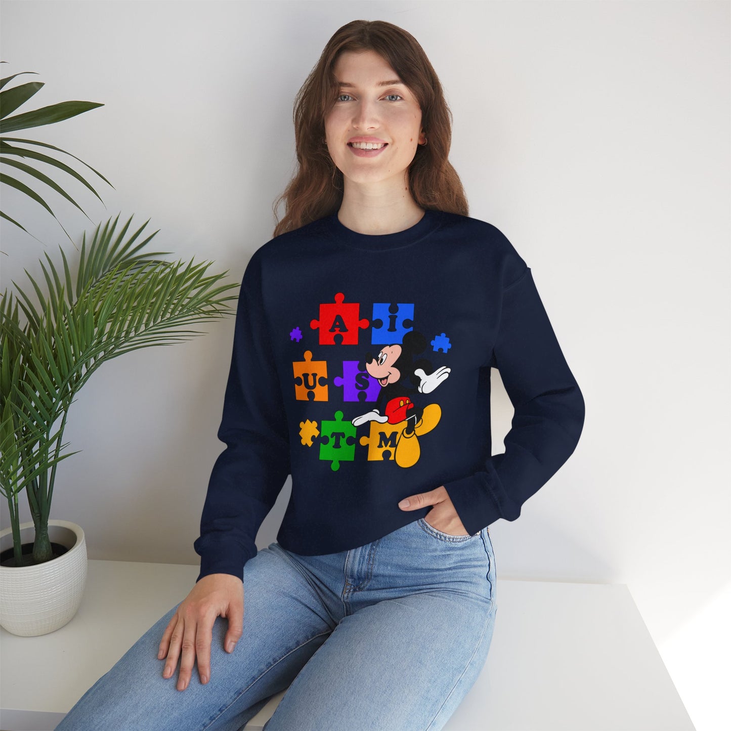 Autism Awareness Crewneck Sweatshirt — Mickey Puzzle Piece Design