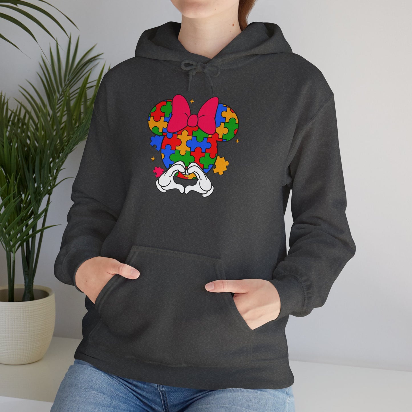 Autism Awareness Puzzle Minnie Hoodie – Colorful Puzzle-Heart Minnie Mouse Design