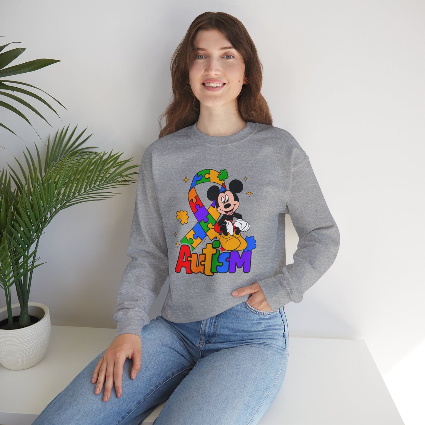 Autism Awareness Crewneck Sweatshirt — Colorful Puzzle Ribbon Design