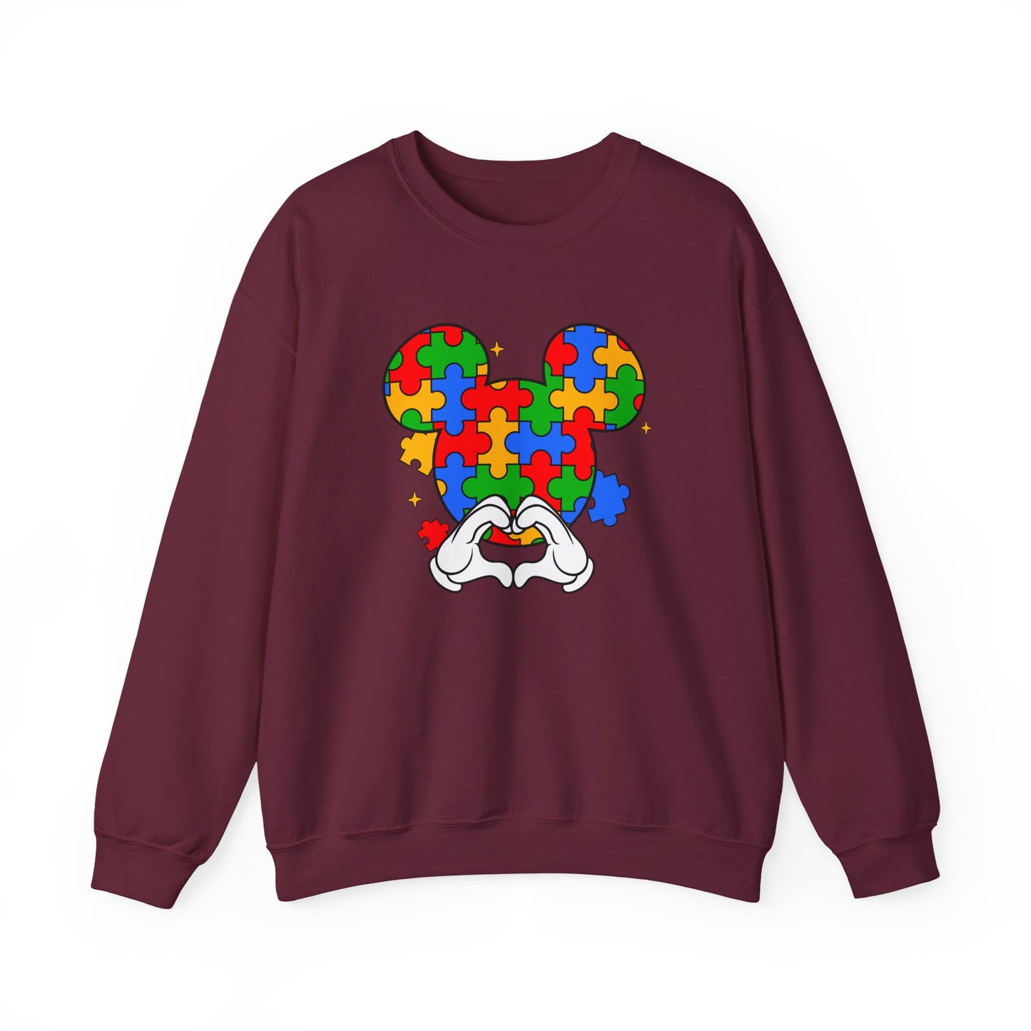 Autism Puzzle Mouse Crewneck Sweatshirt – Colorful Heart Hands Design