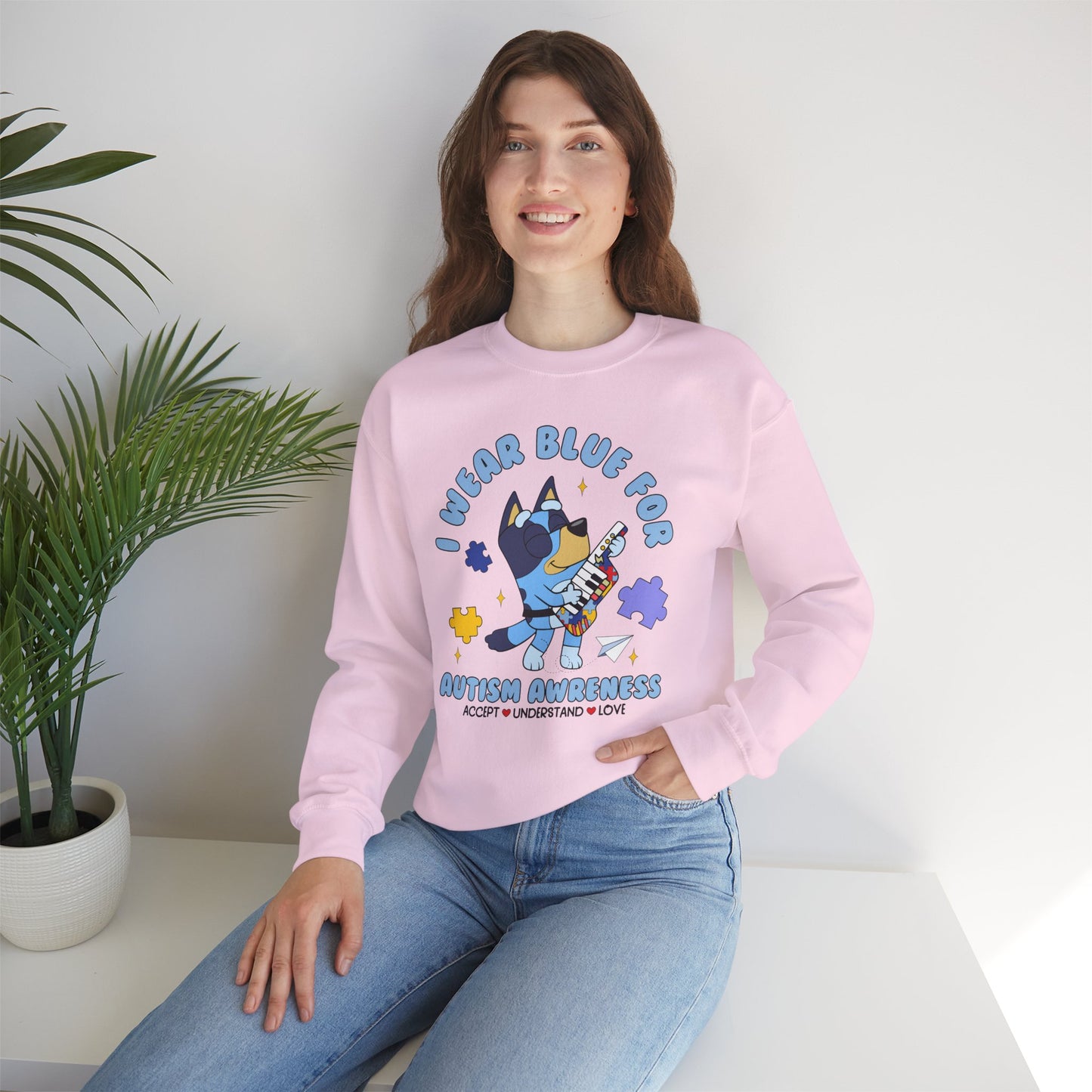 Autism Awareness Crewneck — "I Wear Blue for Autism Awareness" Sweatshirt