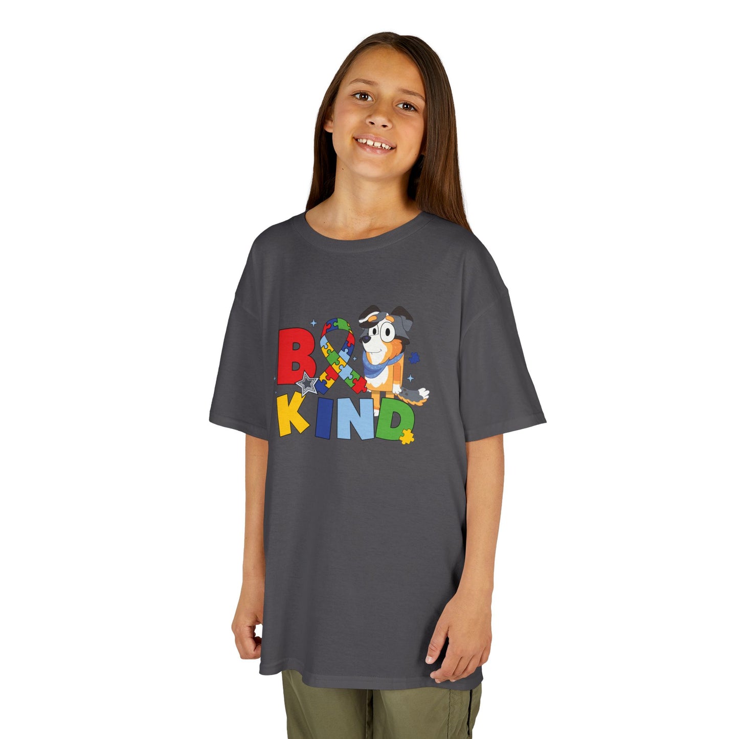 Kids Tee — "Be Kind" Colorful Autism Awareness Ribbon Design