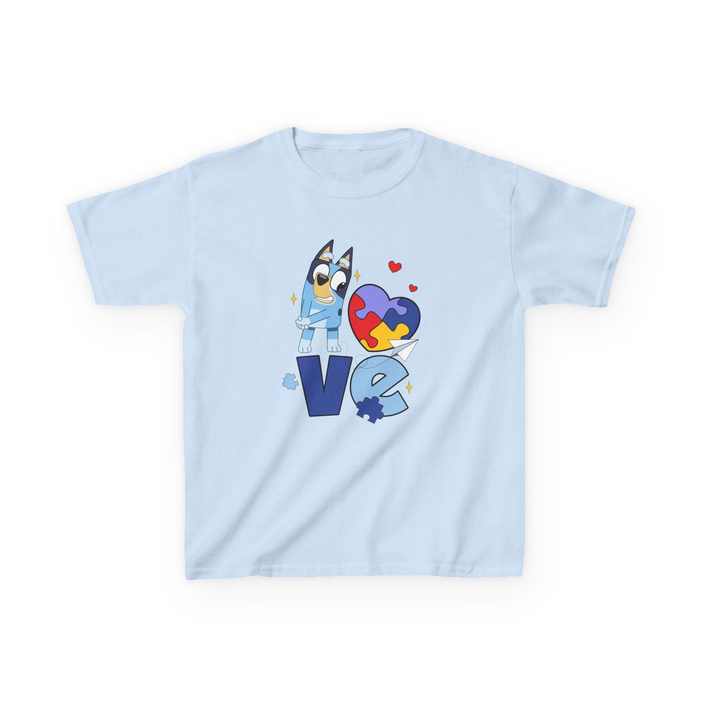 Kids Tee — 'LOVE' Puzzle Heart & Cartoon Character Autism Awareness Shirt