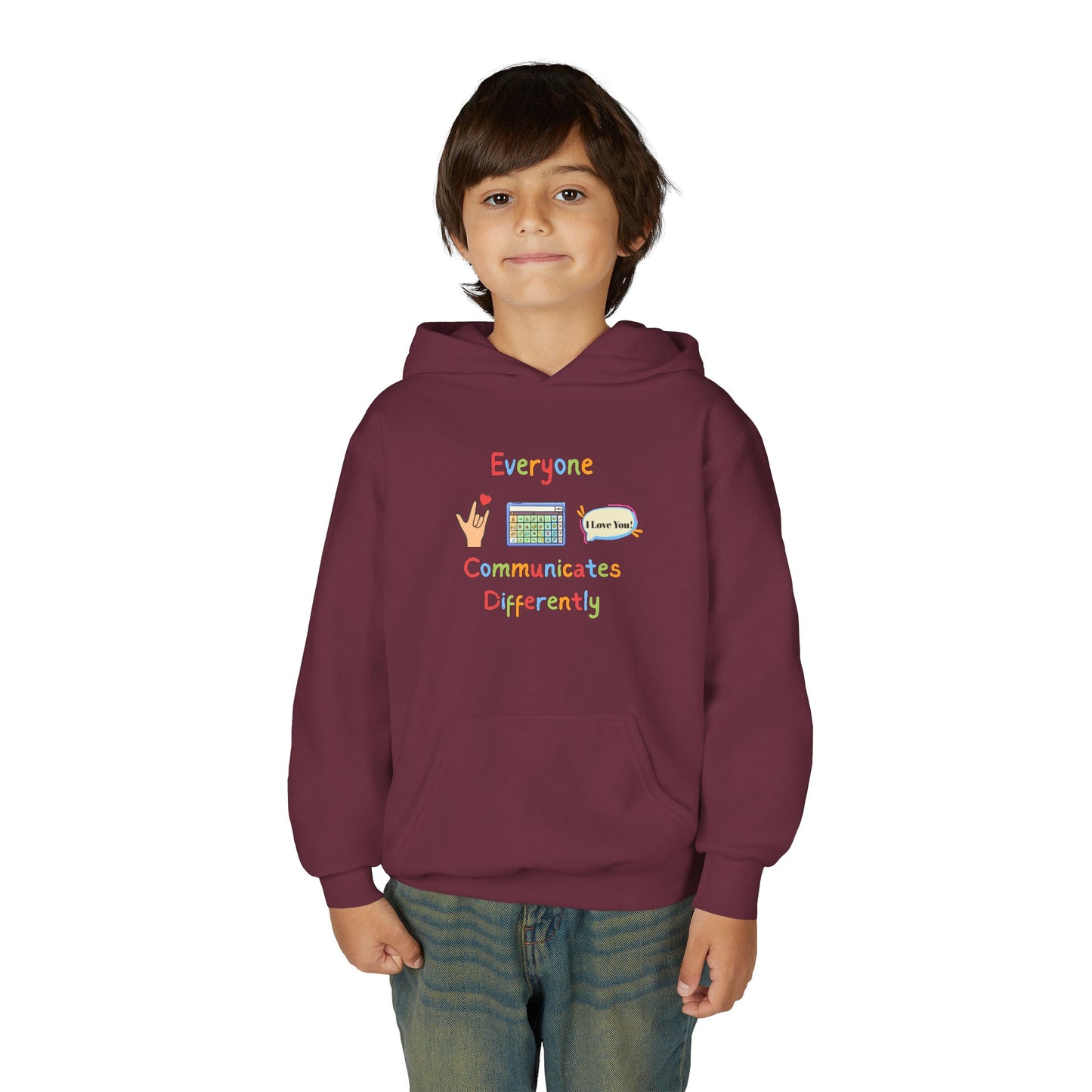 Youth Hoodie — "Everyone Communicates Differently" AAC Awareness Hoodie