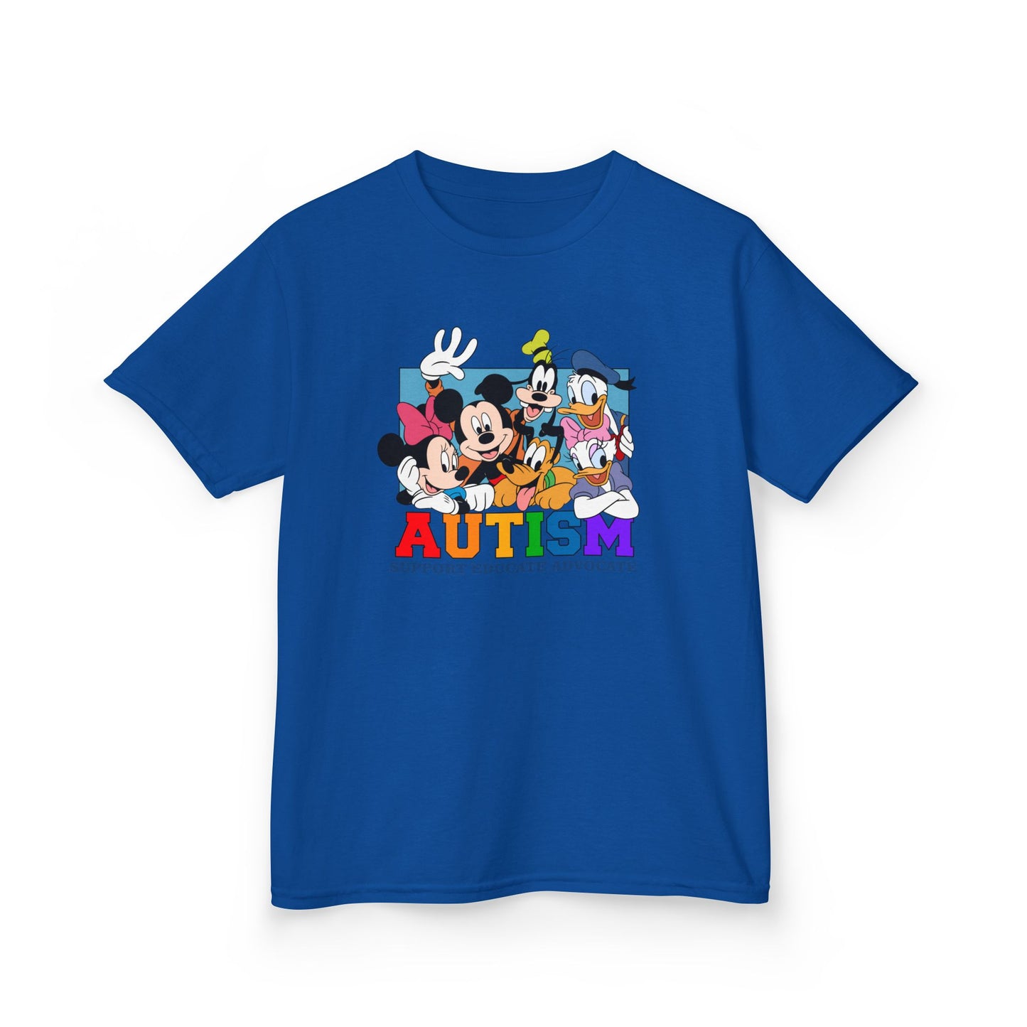Kids Autism Awareness T-Shirt — Support, Educate, Advocate (Rainbow Letters)